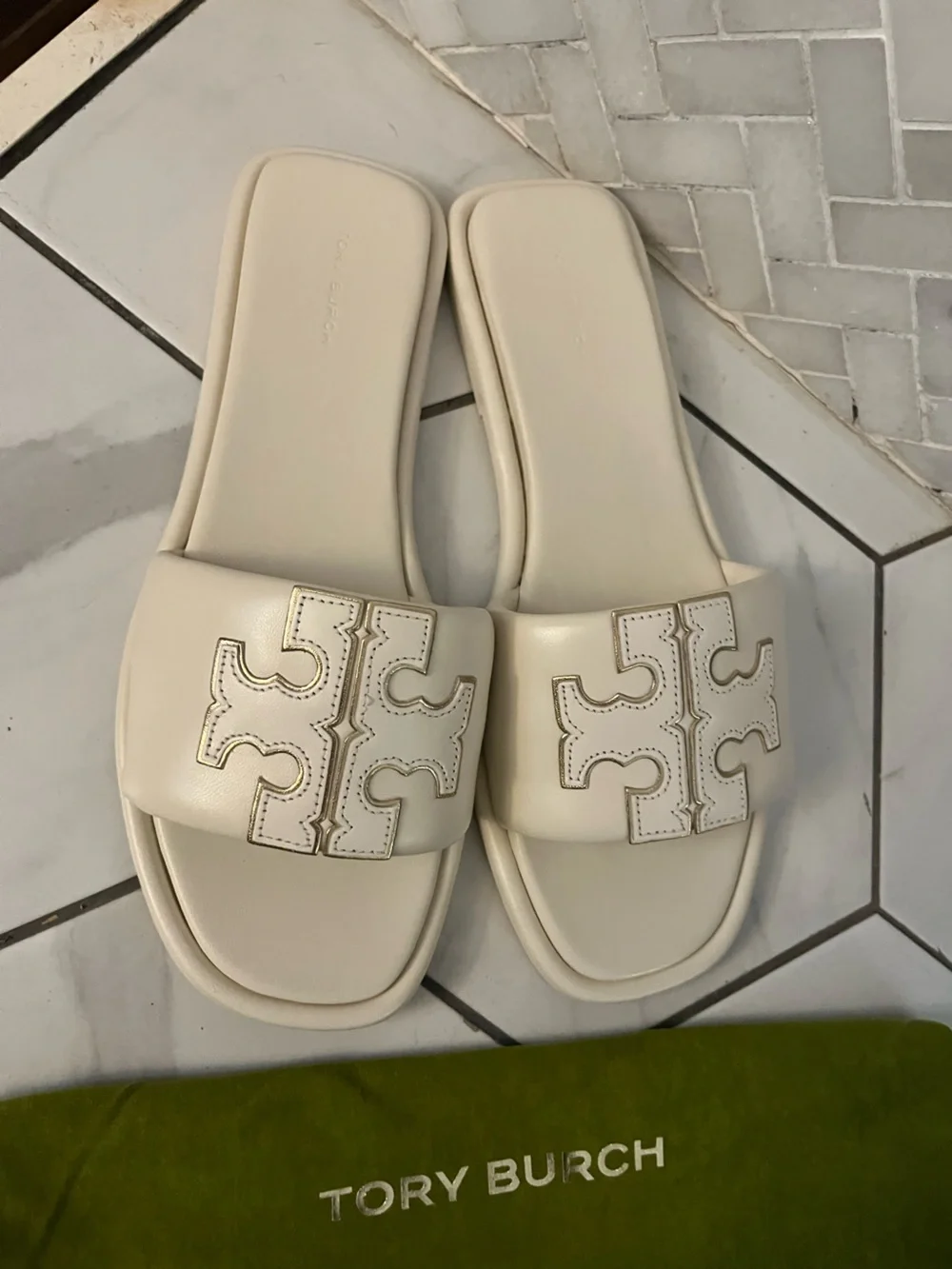 Tory Burch Ivory Logo Slide Sandals - Picture 2 of 9